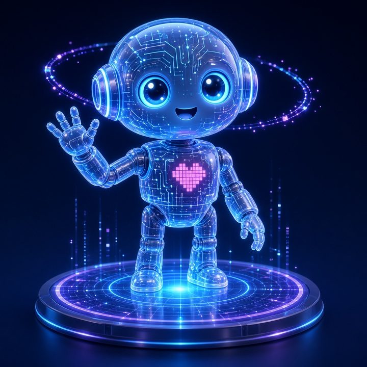 SI the Yes Bot: a glowing holographic cyan and violet robot with sparkly eyes and a pink pixel heart, waving from a hologram projector